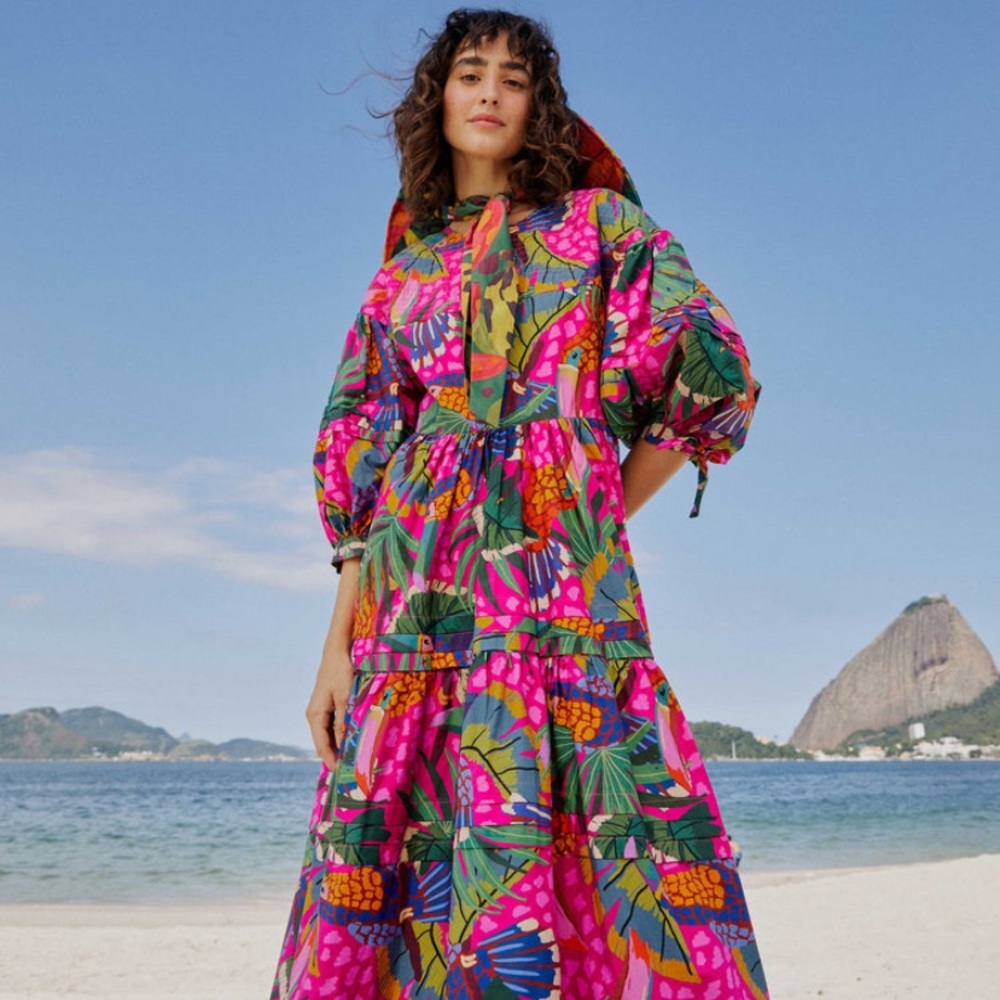 FARM RIO Pink Painted Toucans Organic Cotton Maxi Dress (NWT)